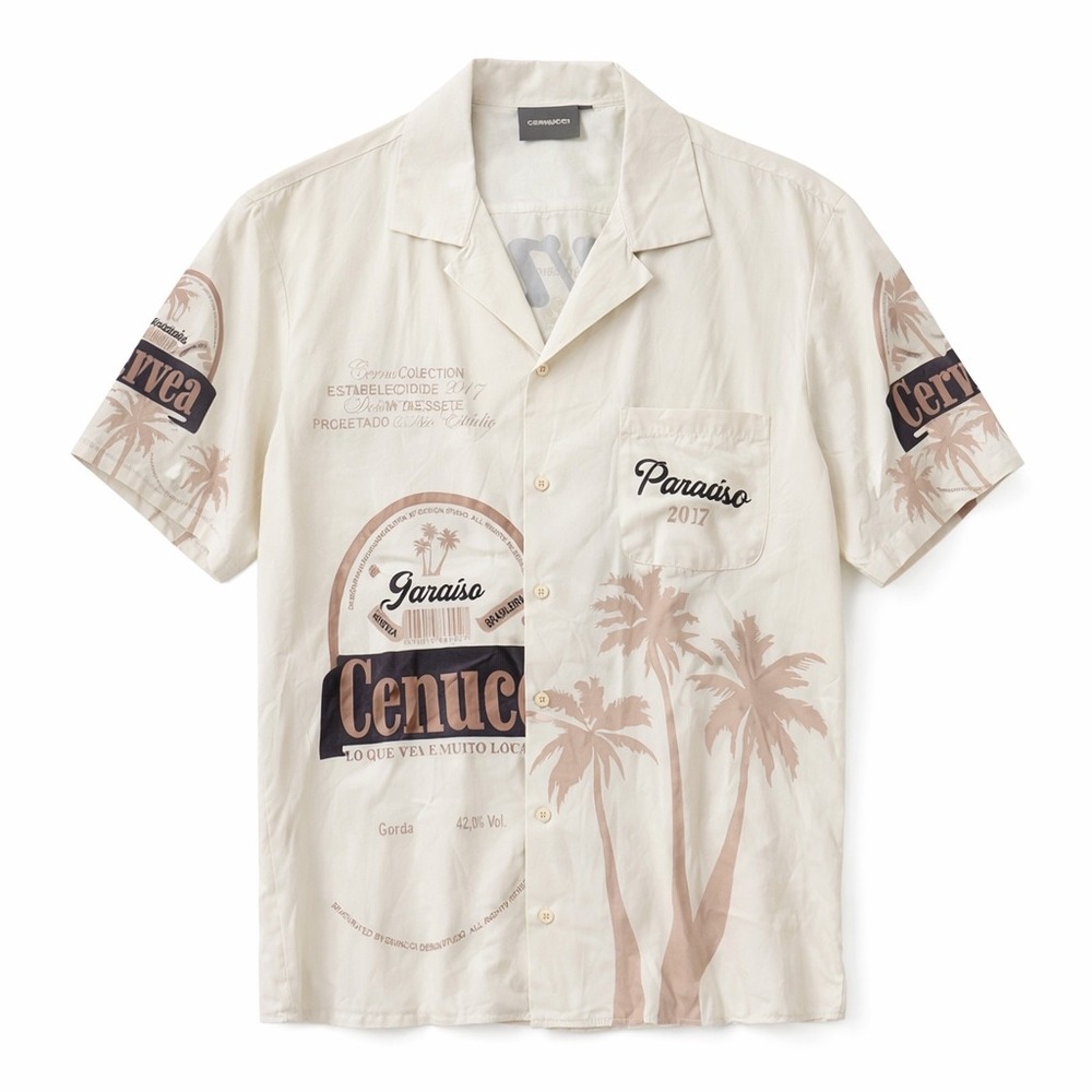 Cernucci Button Up Shirt Mens M C Paraiso Palm Tree Graphic Cream‎ Summer Beach